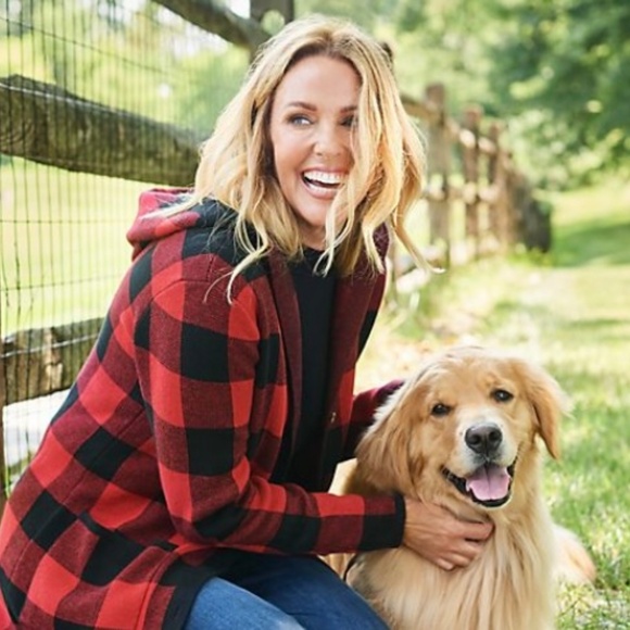 Denim & Co. Hooded Jacquard Sweater Knit Cardigan/Apple Red & Black/L/NEW! - Picture 2 of 6